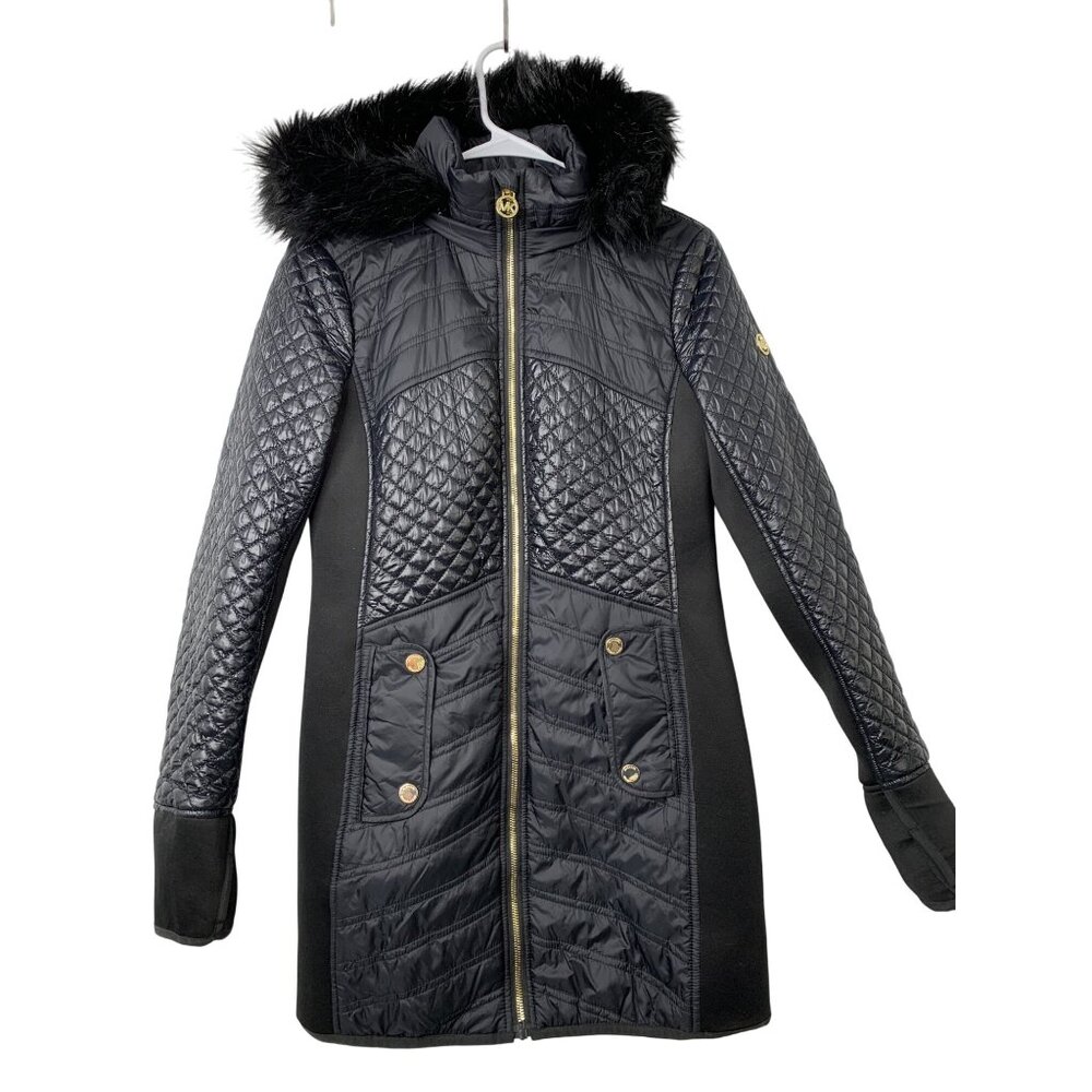 Michael Kors Quilted Knit Panel Puffer Faux Fur Hood Coat S Black RF10476 EUC - Picture 12 of 12